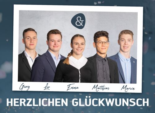 Herzlichen Glückwunsch zur bestandenen Prüfung, Emma, Georg, Leo, Matthias und Marvin: Alle vier dürfen sich jetzt Kaufmann bzw. Kauffrau für Versicherungen und Finanzen (IHK) nennen!